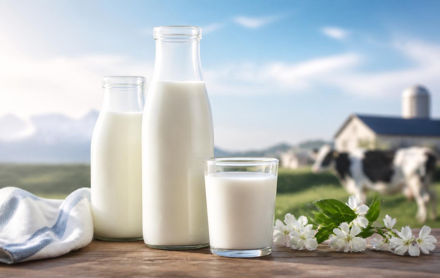 Fresh cow milk on a wooden table with a farm background