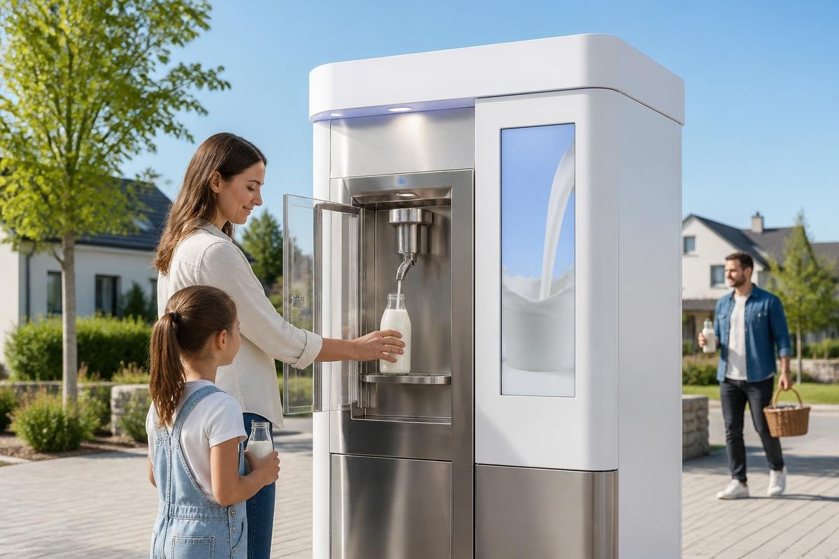 A modern milk vending machine dispensing fresh milk